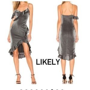 Likely Evangeline silver metallic midi dress